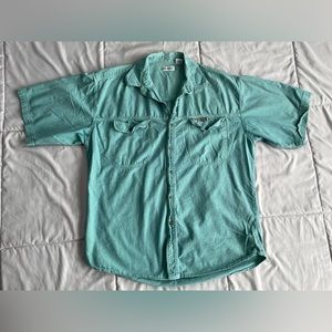 Vintage Bugle Boy 100% cotton button up short sleeve shirt, turquoise blue, XL